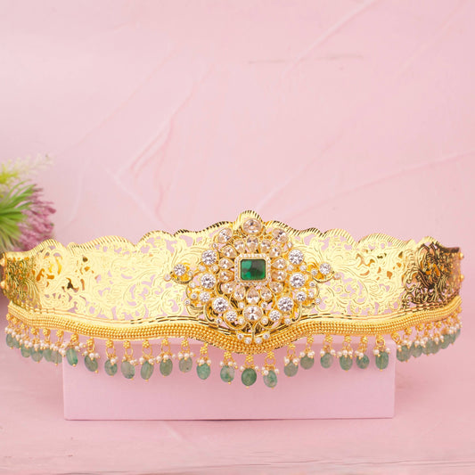 Traditional Jadau Kundan Hip Belt With Green Hangings