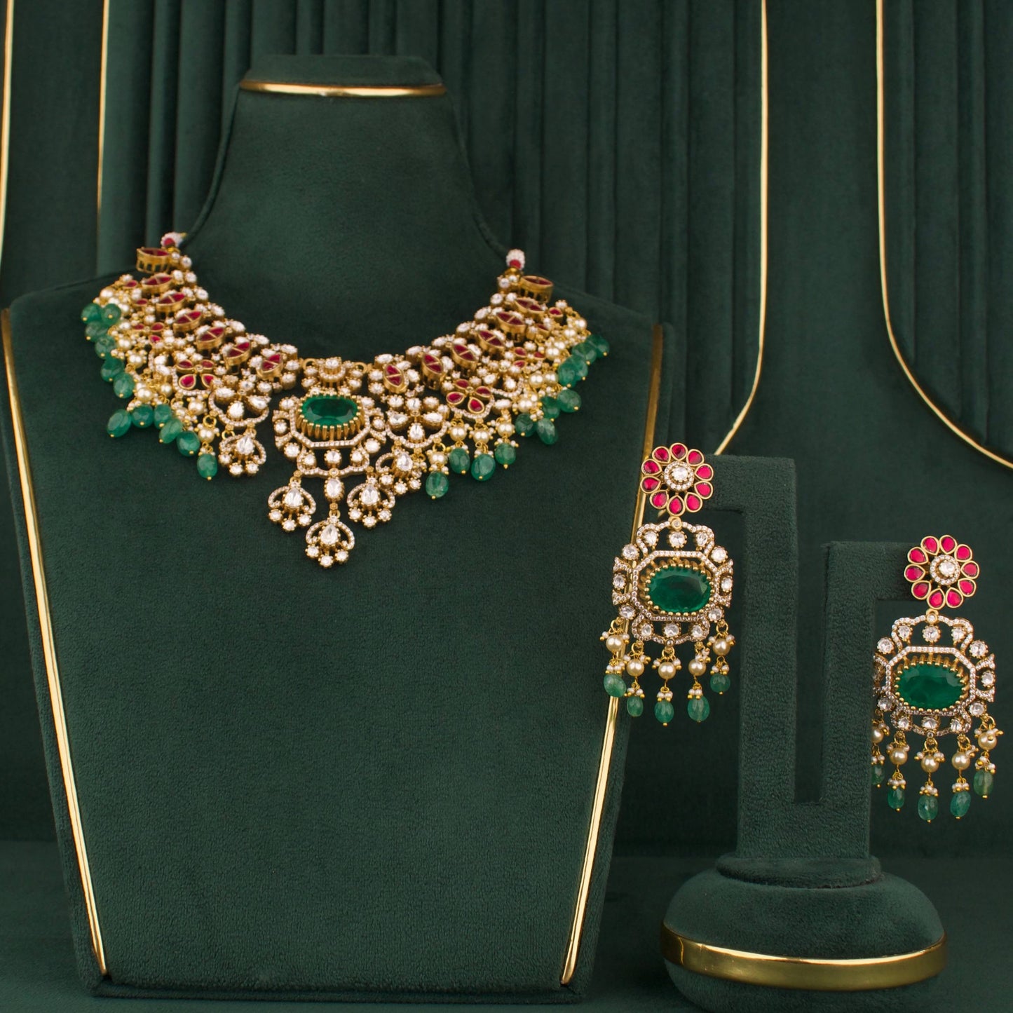 Bridal Victorian Polki Kundan Necklace Set With Matching Earrings