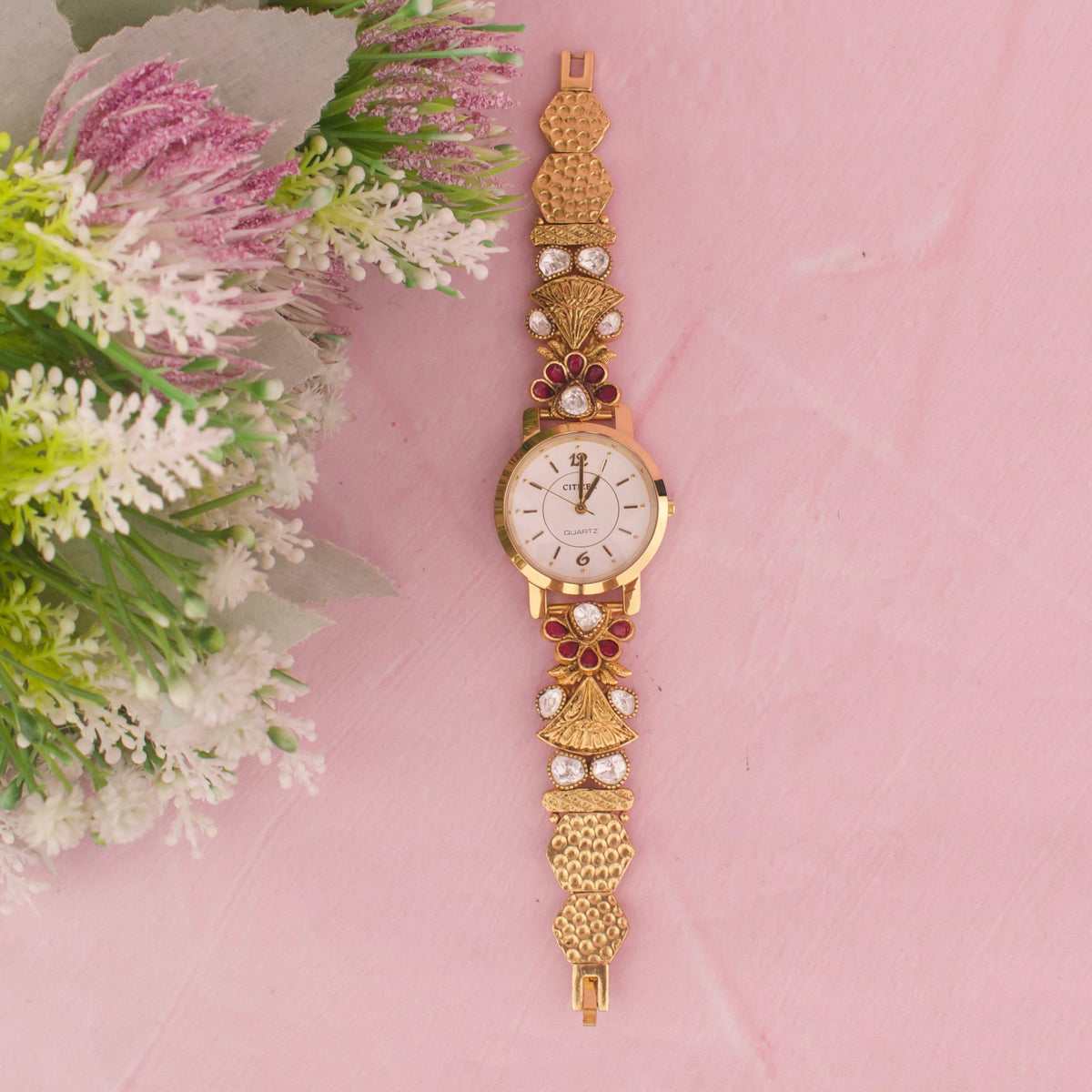 Designer Jadau Kundan Wrist Watch - Handcrafted Indian Bridal Jewelry by Dulhan Jewels