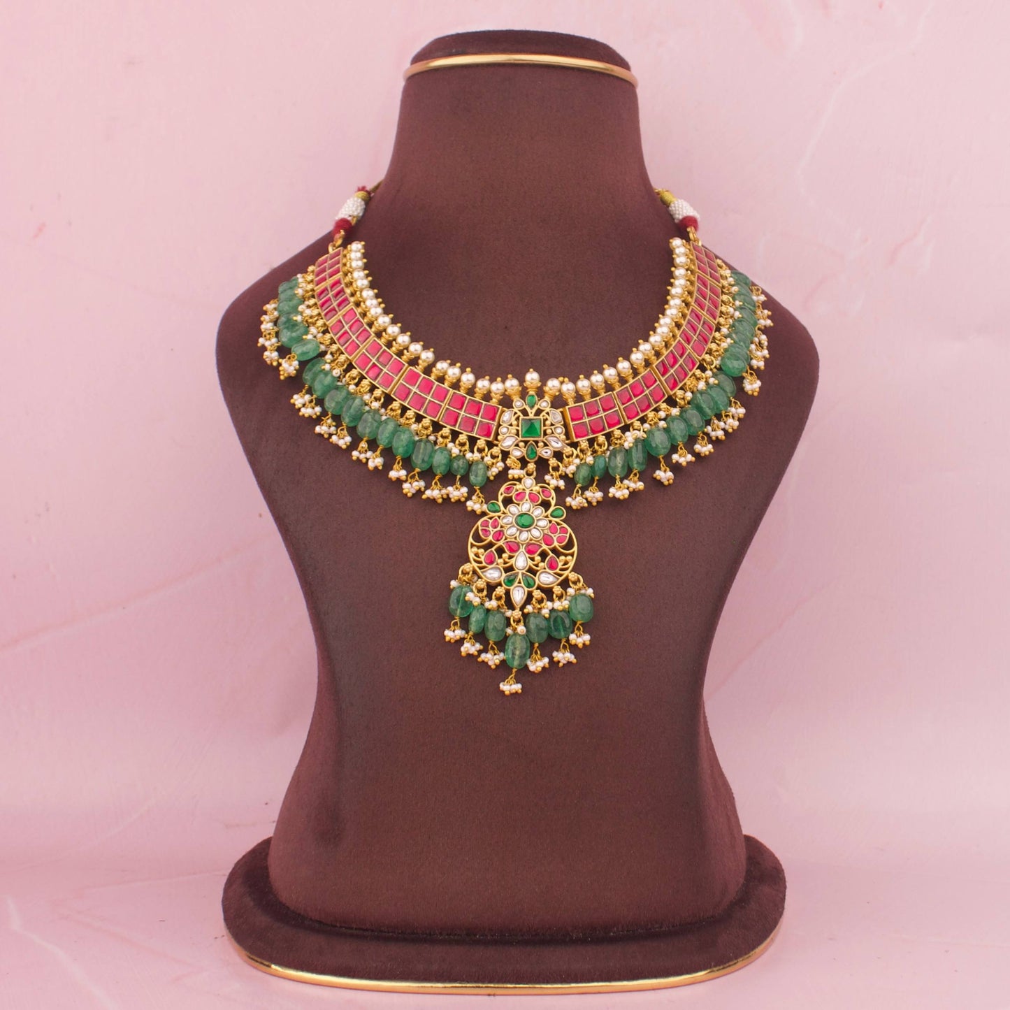Royal Jadau Kundan Necklace With Green Beads And Pearl Drops