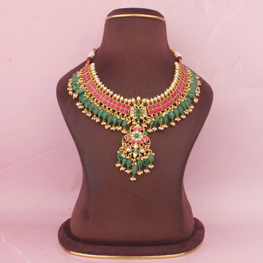 Royal Jadau Kundan Necklace With Green Beads And Pearl Drops