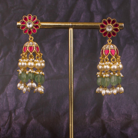 Exquisite Jadau Kundan Floral Design Earrings  with Swarovski Ricepearl Hangings
