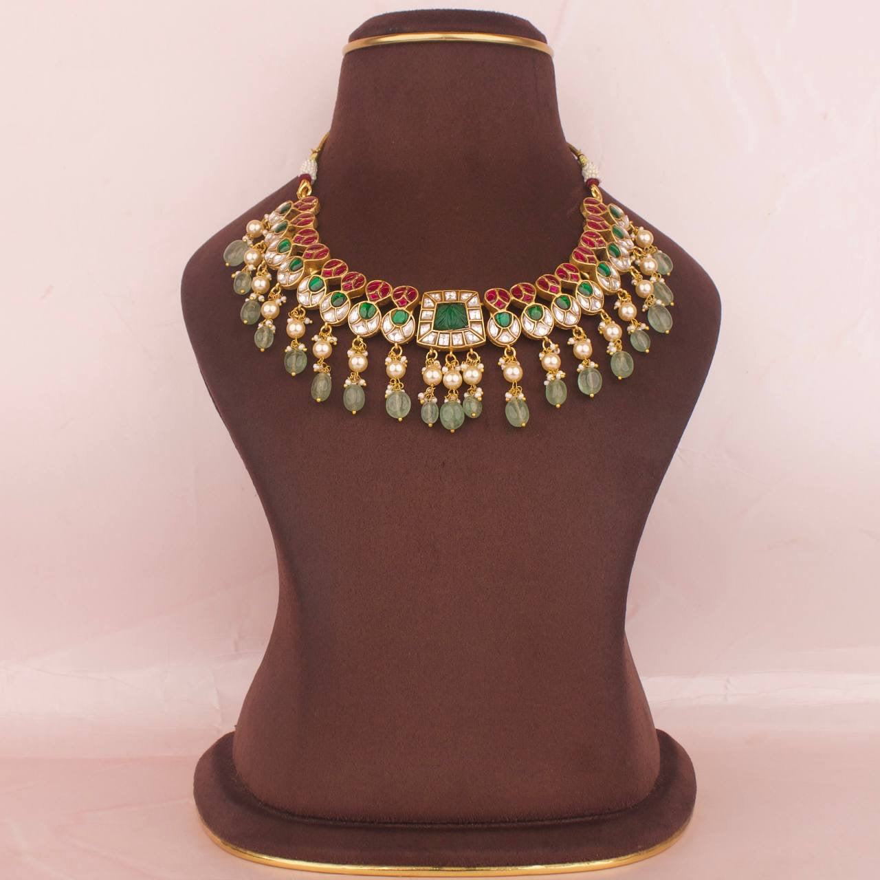 Exquisite Jadau Kundan Short Necklace with Green Beads