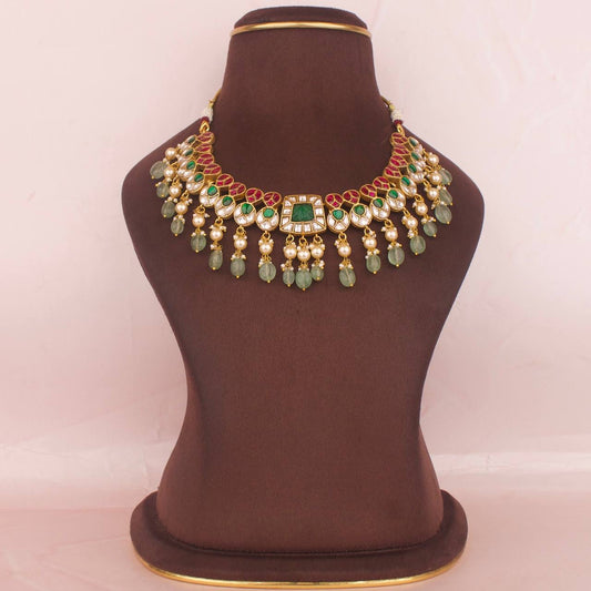 Exquisite Jadau Kundan Short Necklace with Green Beads