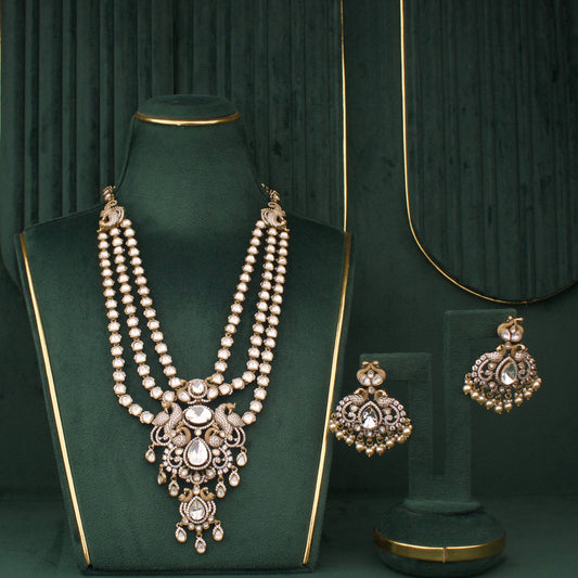 Designer Triple Layer Victorian Polki Necklace With Earrings