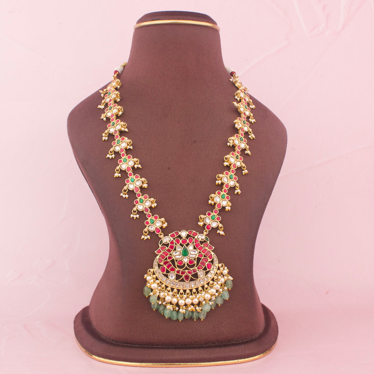 Unique Jadau Kundan Long Necklace With Emerald Beads