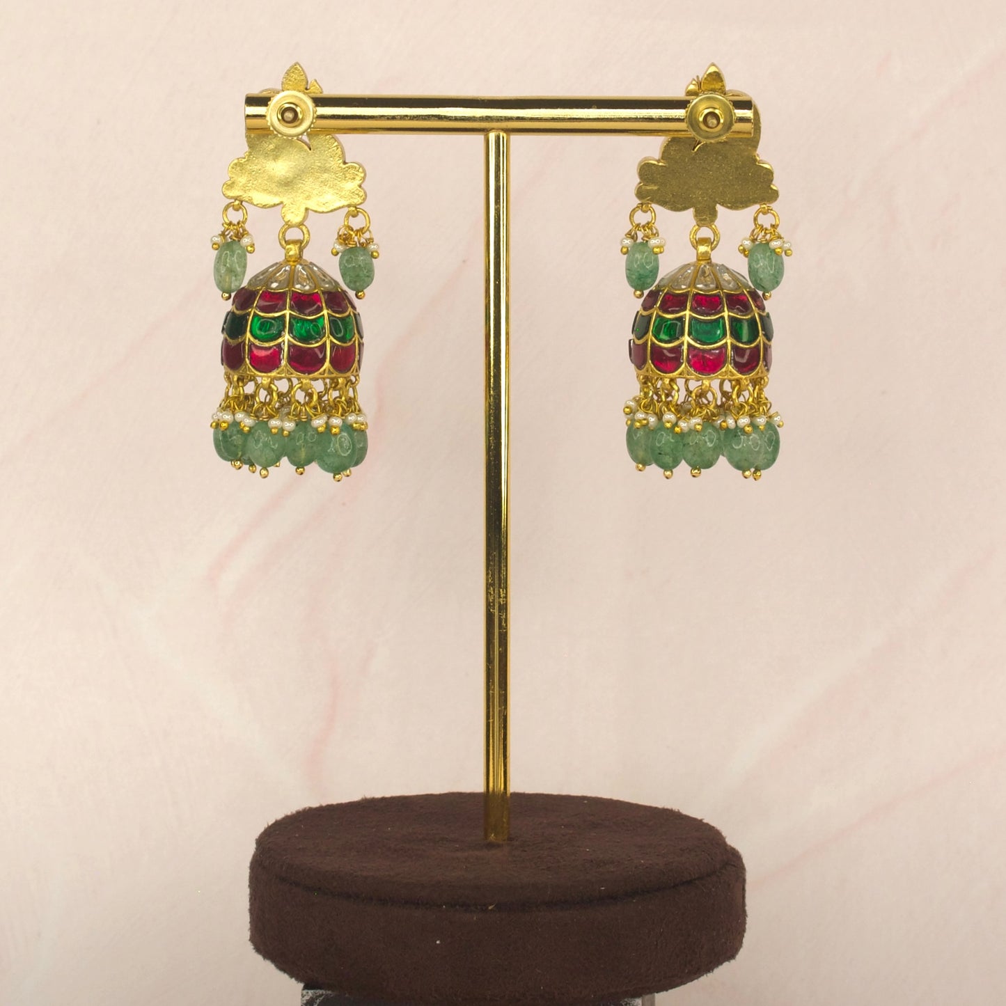 Charming Peacock Jadau Kundan Jhumkas with Green Beads