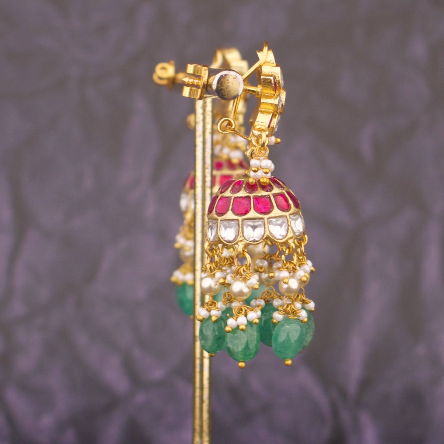 Phool Design Jadau Kundan Jhumka Earrings With Green Beads