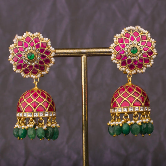 Bridal Floral Studded Jadau Kundan Jhumki With Strawberry Beads Hangings