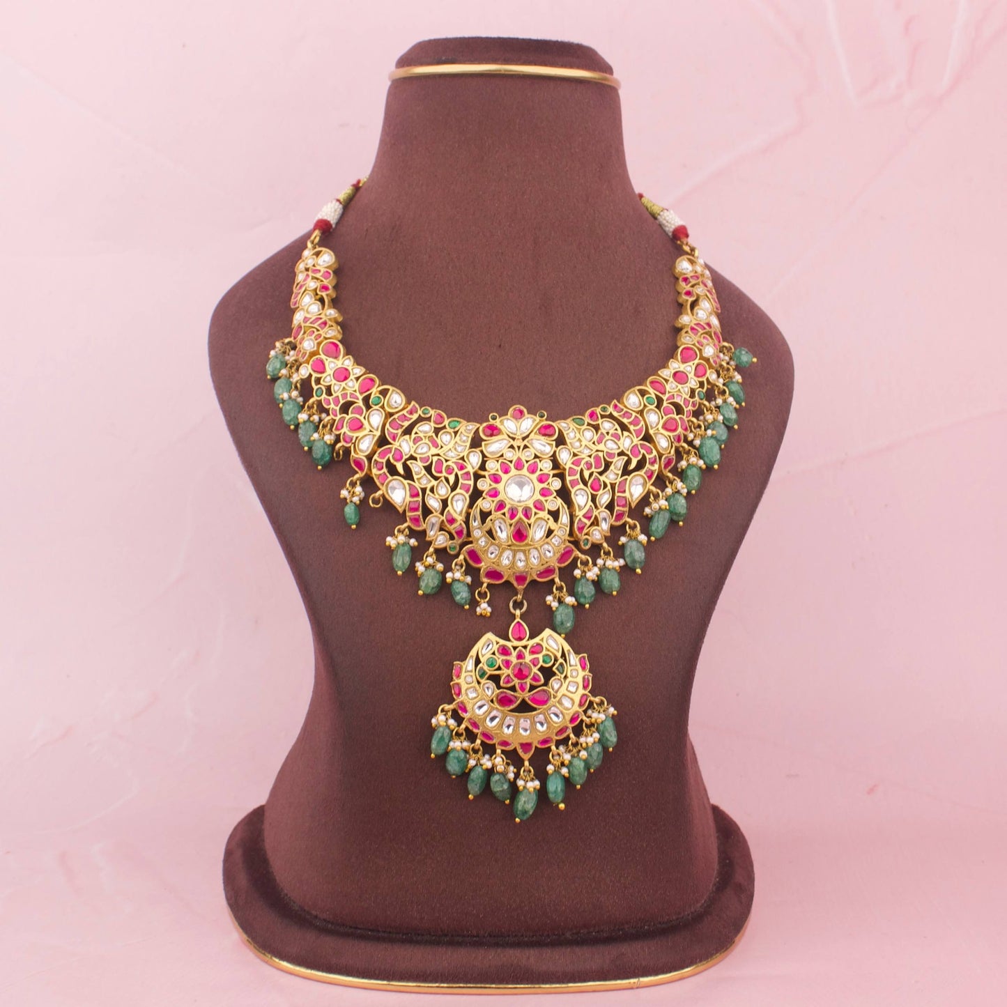 Unique Gold Style Chand Bali Design Jadau Kundan Short Necklace with Green Beads - Premium Indian Ethnic Jewelry | Dulhan Jewels