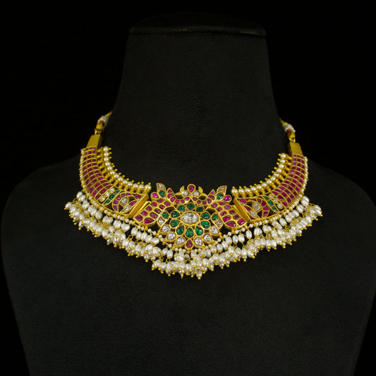 Regal Peacock Jadau Kundan Necklace with Green Beads & Intricate Motif