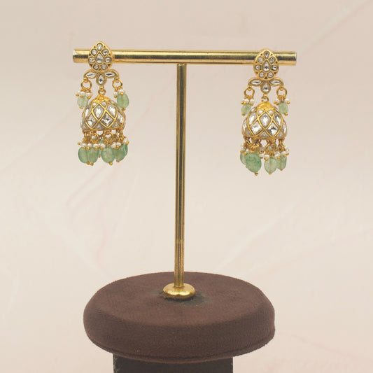 White Stone Jadau Kundan Jhumka Earrings With Green Beads