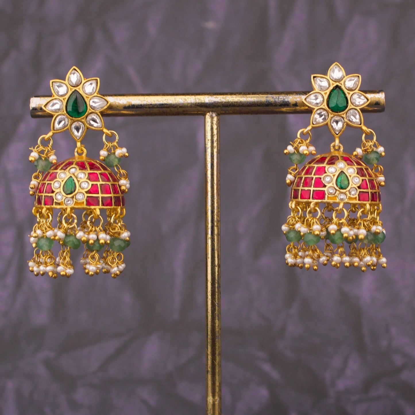 Designer Floral Stud Jadau Kundan Jhumka Earrings With Work And Pearl Drops