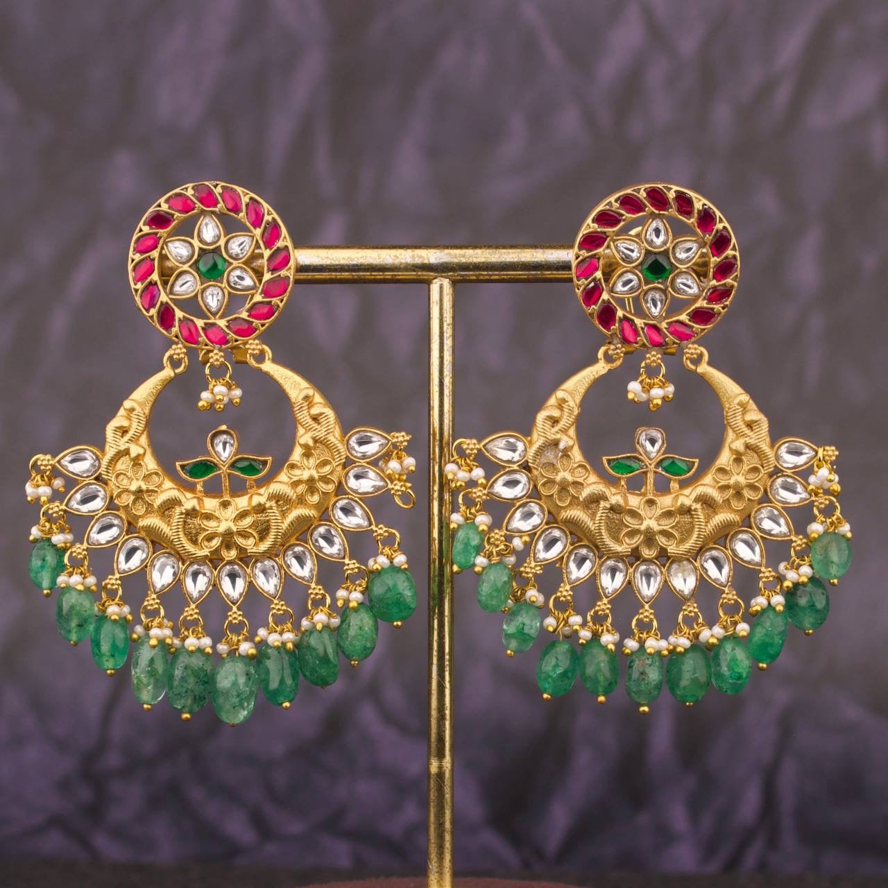 Traditional Jadau Kundan Chandbali Earrings With Green Beads