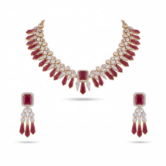 Premium Majestic Victorian Short Necklace With Earrings adorned with ruby stones
