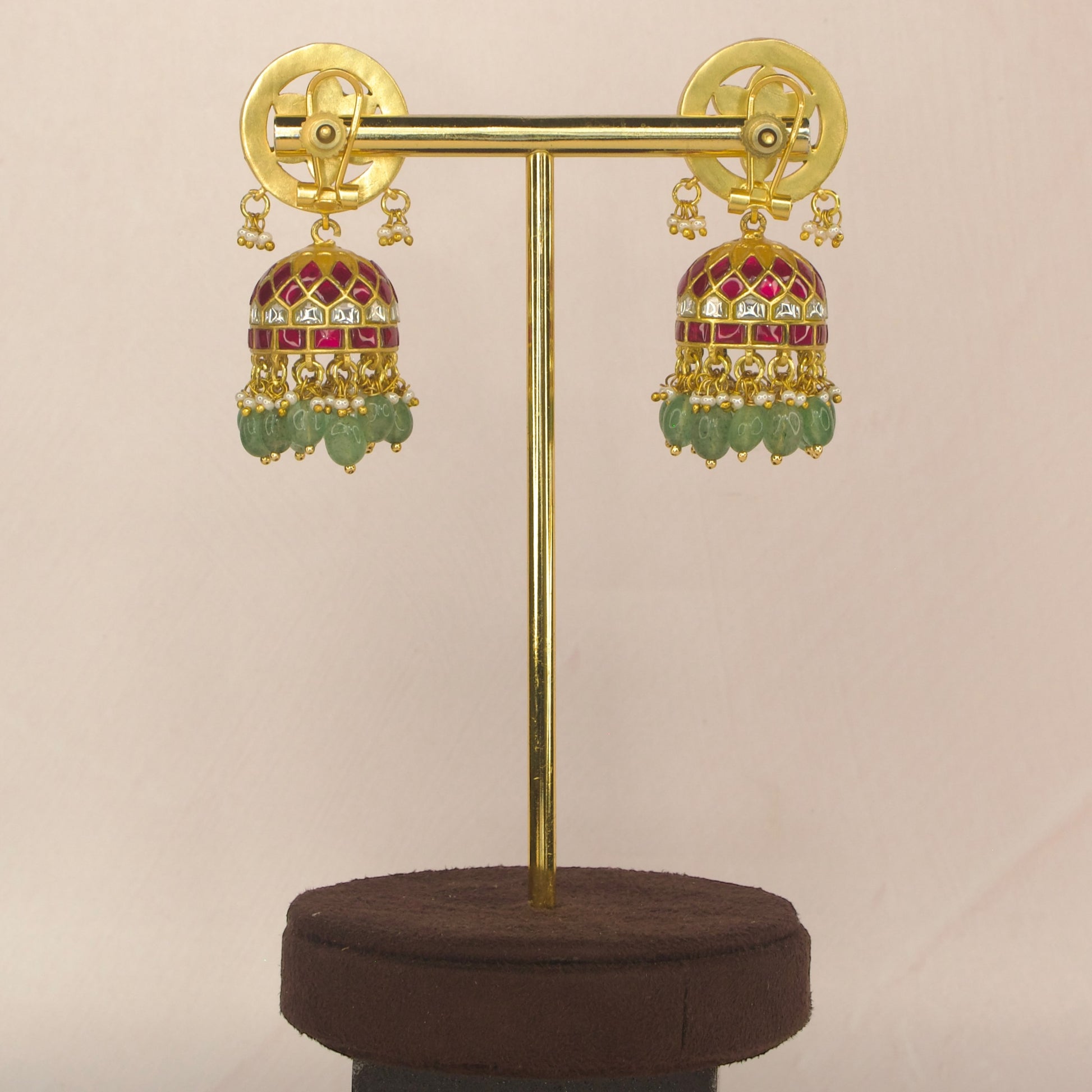 Radiant Floral Ruby Emerald Jadau Kundan Jhumka earrings with 22k Gold plating