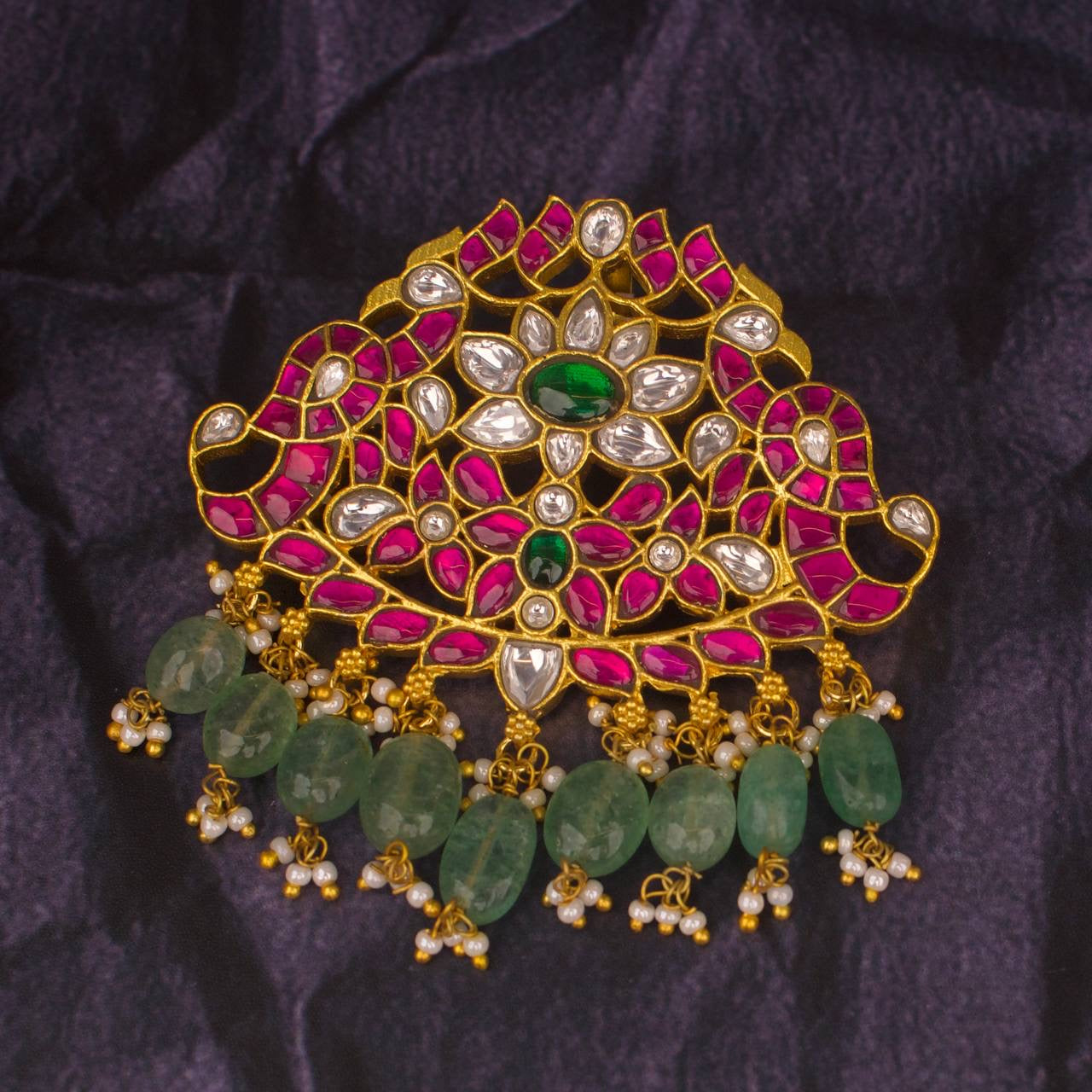 Peacock Floral Design Jadau Kundan Pendant With Beads Hanging