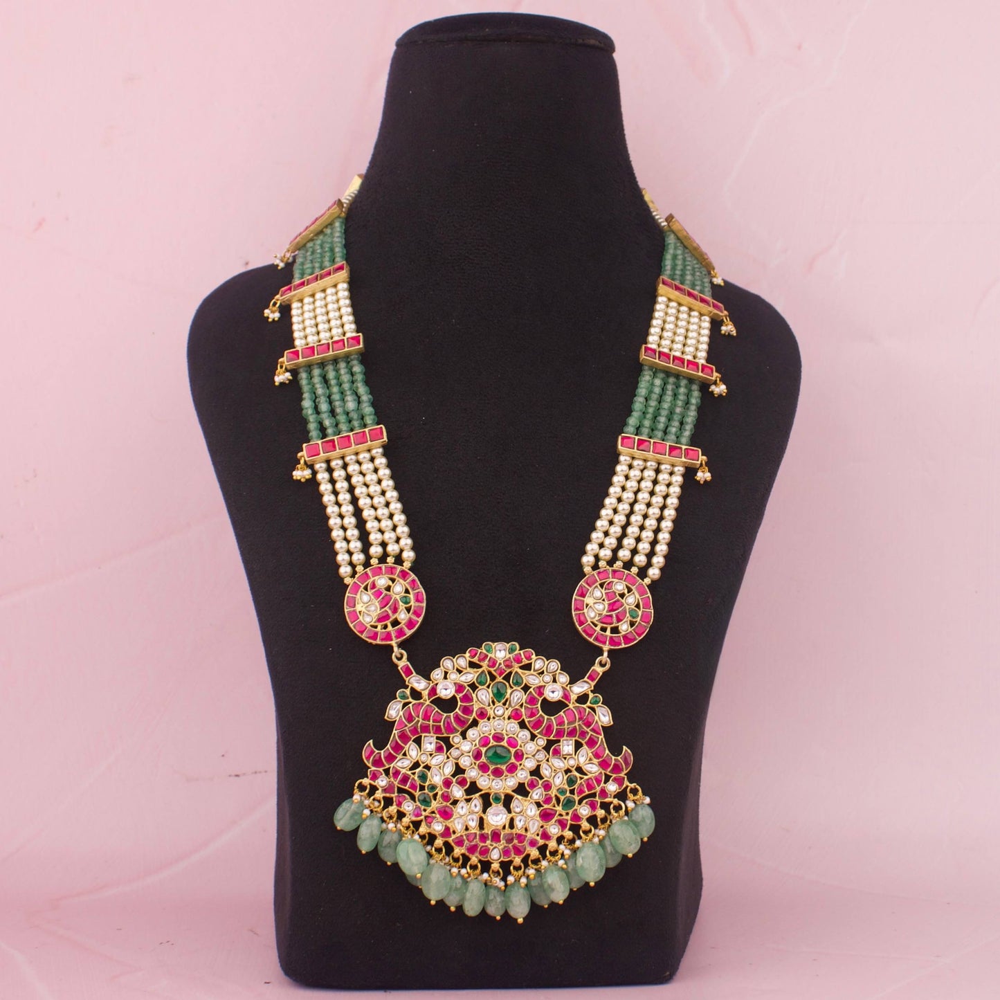 Grand Bridal Jadau Kundan Beads Mala With Side Locket