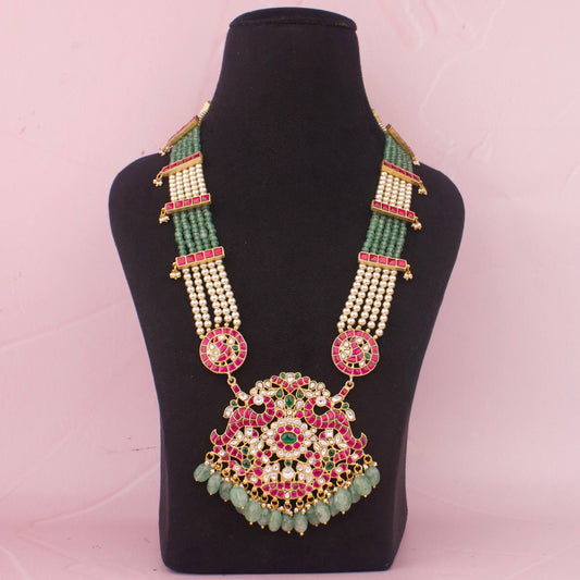 Grand Bridal Jadau Kundan Beads Mala With Side Locket