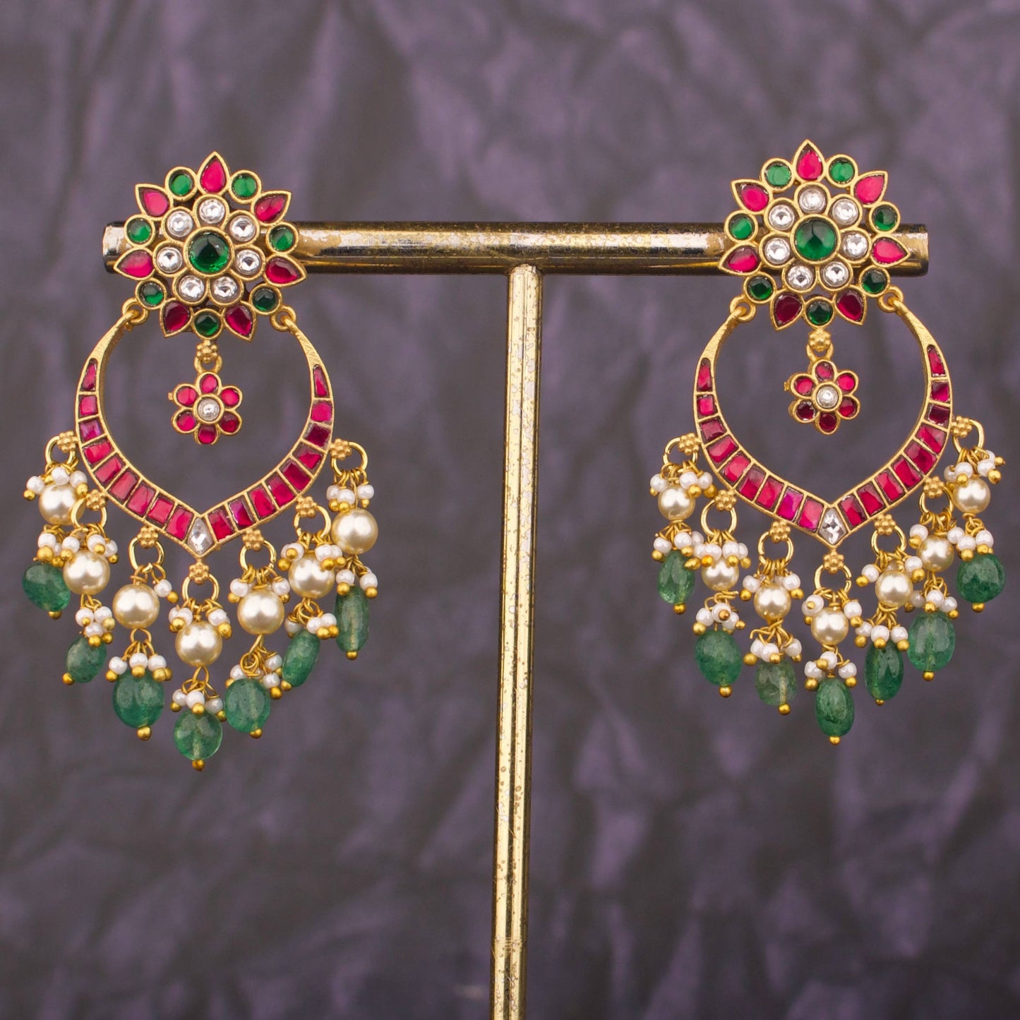 Bridal Jadau Chandbali Earrings With Emerald Beads