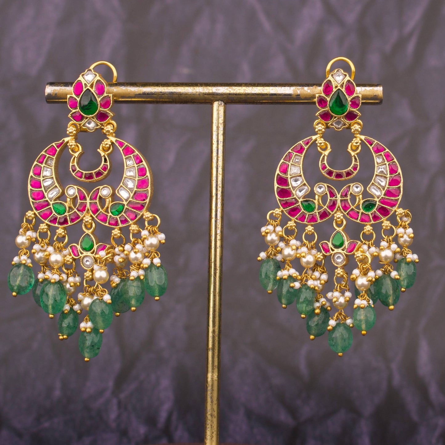 Bridal Jadau Kundan Chandbali With Rice Pearl And Green Hangings