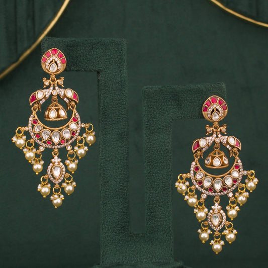 Designer Ruby Victorian Chandbali Earrings With Pearl Drops - Handcrafted Indian Bridal Jewelry by Dulhan Jewels