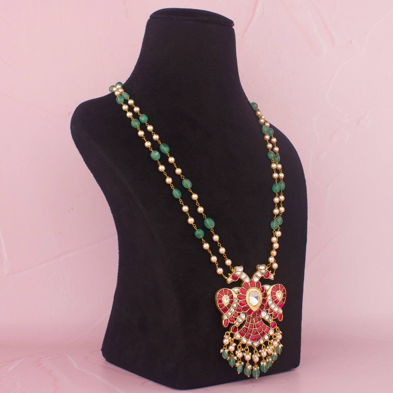 Traditional Gandaberunda Jadau Kundan Reversible Beads Mala - Alternate View 1