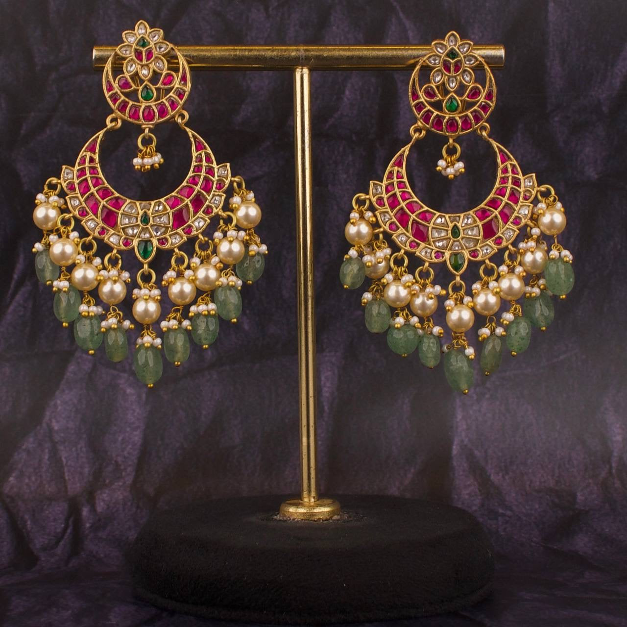 Bridal Jadau Kundan Chandbali Earrings With Pearls & Beads Hangings