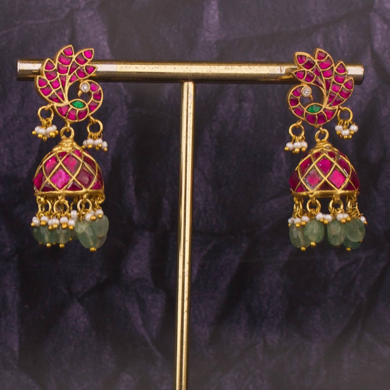Beautiful Peacock Studded Jadau Kundan Jhumki Earrings