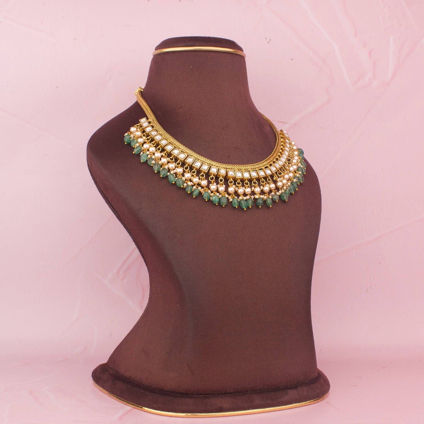 Jadau kundan Jalebi Necklace With Pearls And Green Bead Hangings