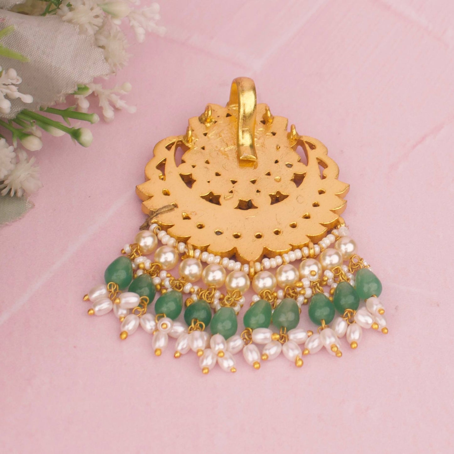 Classy Jadau Kundan Locket With Pearl Layering And Green Drops