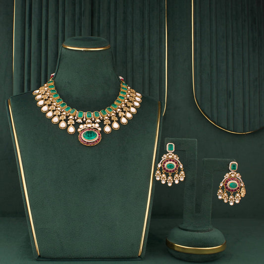 Classy Victorian Short Necklace Set With Matching Earrings - Handcrafted Indian Bridal Jewelry by Dulhan Jewels