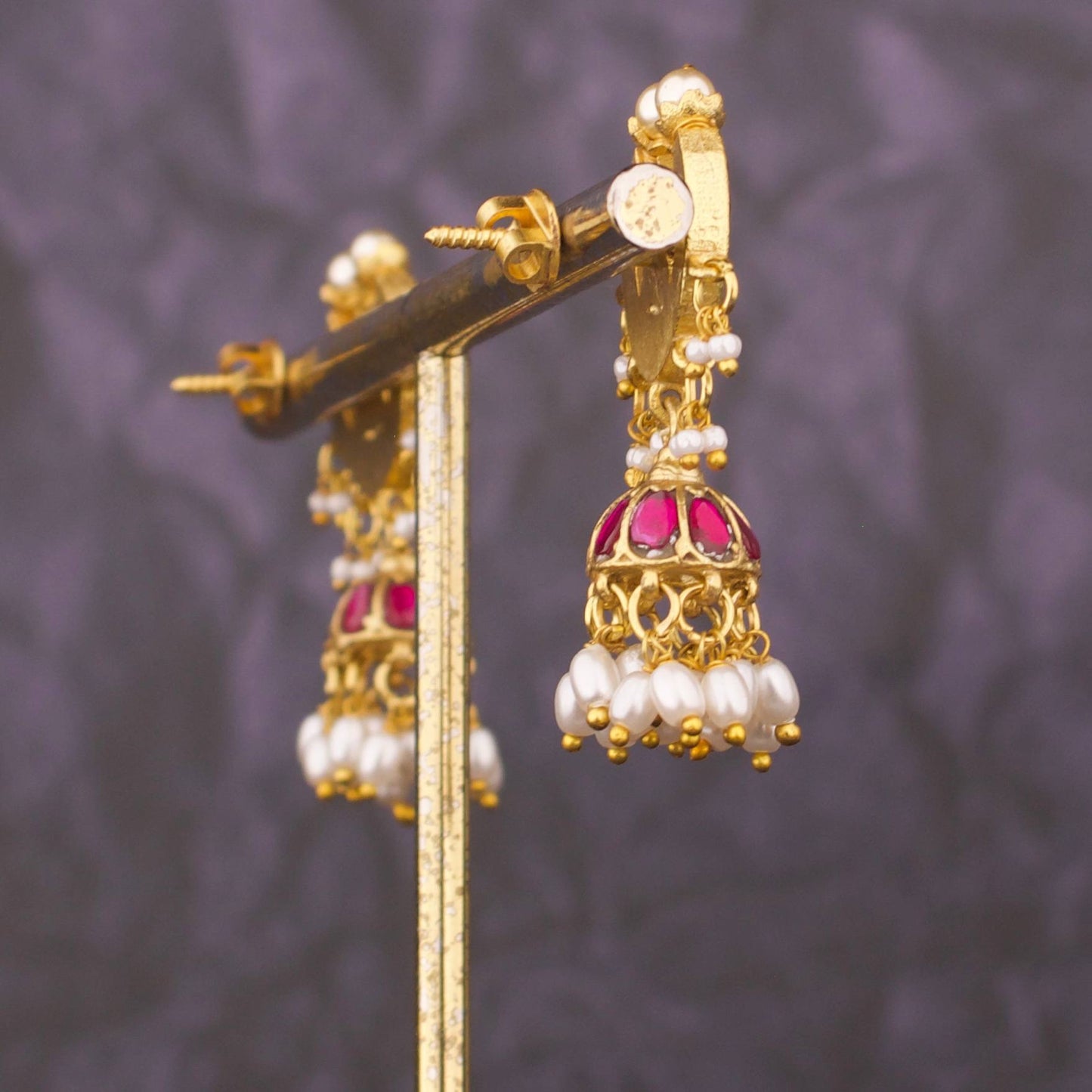 Crescent Jadau Jhumka Earrings With Floral Kundan And Pearls - Alternate View 1