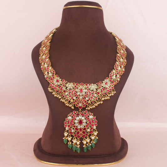 Bridal Jadau Kundan Long Haram With Pearls & Beads Hangings