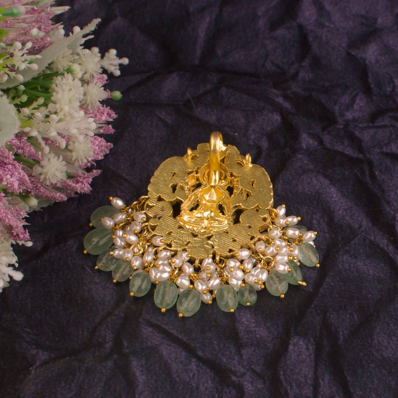 Divine Lakshmi Devi Jadau Kundan Pendant With Guttapusalu Hangings