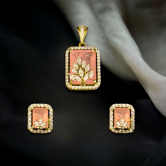 Antique Victorian Pendant Set with Diamond Floral Design and Matching Earrings. This Victorian Jewellery is available in Red,Green & Pink colour variants. 