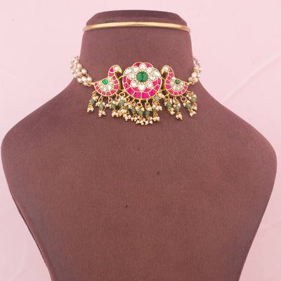 Ethnic Jadau Kundan Choker With Pearl And Bead Drops - Handcrafted Indian Bridal Jewelry by Dulhan Jewels