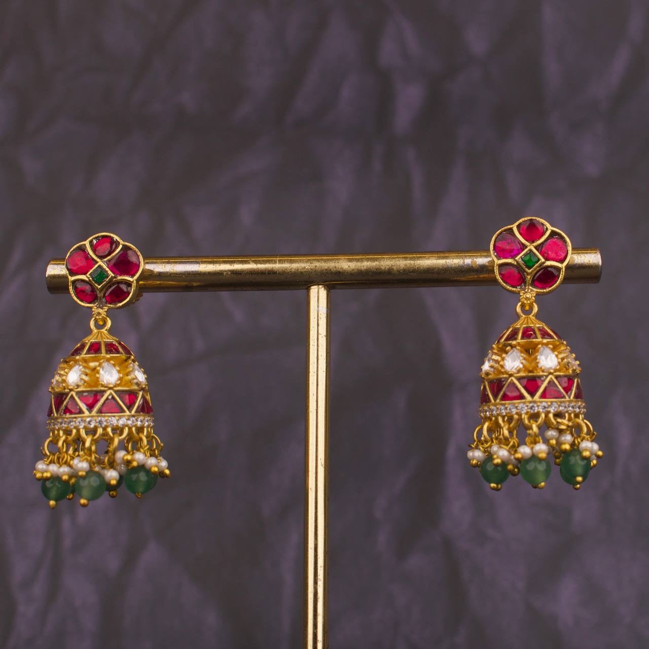 Floral Studded Jadau Kundan Sleek Jhumki Earrings