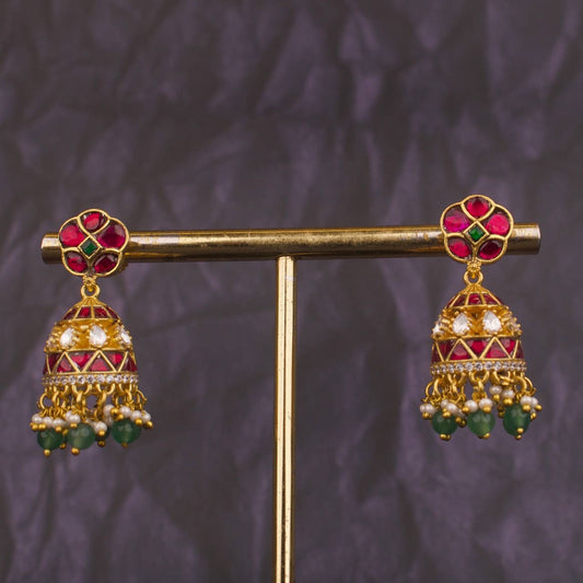 Floral Studded Jadau Kundan Sleek Jhumki Earrings