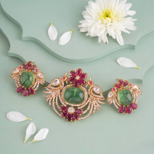 Stylish Victorian Emerald Pendant With Earrings Matching Earrings