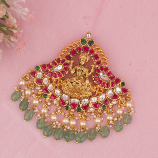 Divine Laxmi Devi Jadau Kundan Necklace With Pearl & Bead As Droplet