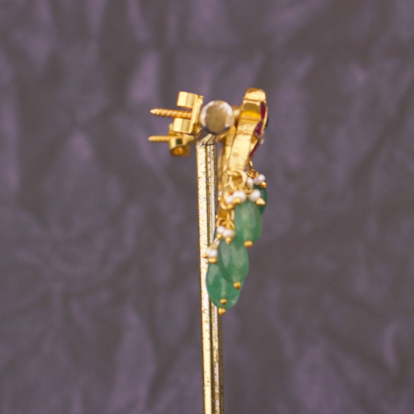 Elite Jadau Kundan Jhumka Earrings With Green Bead Hangings