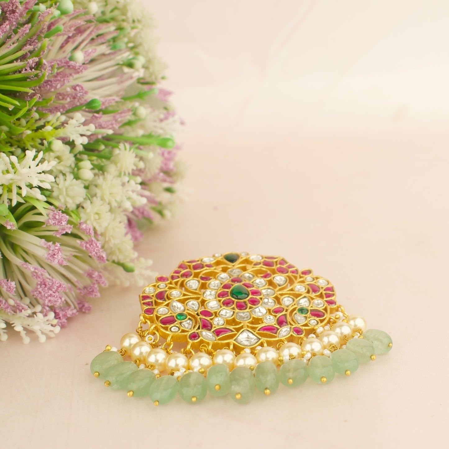 Refined Jadau Kundan Locket with Pearl & Bead Droplets