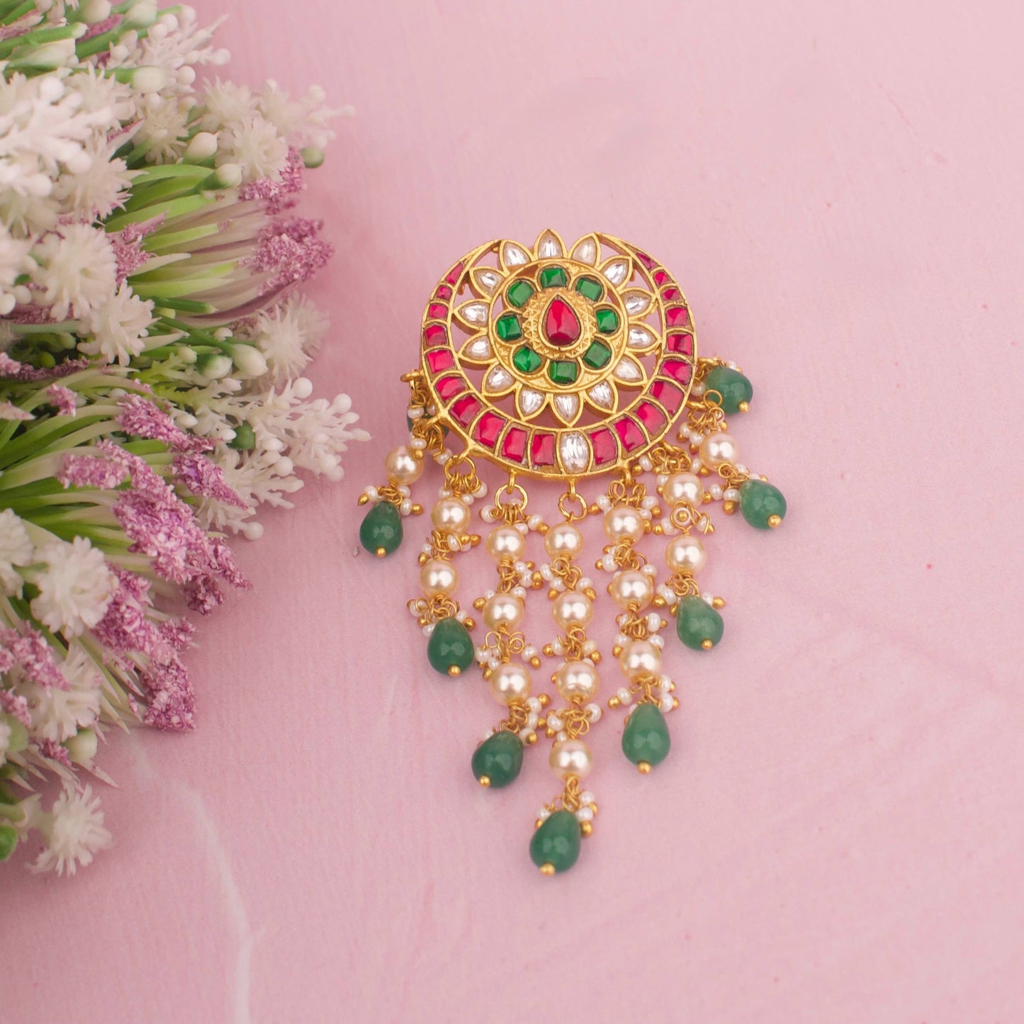 Rajwada Floral Design Jadau Kundan Pendant With Swarovski Pearls