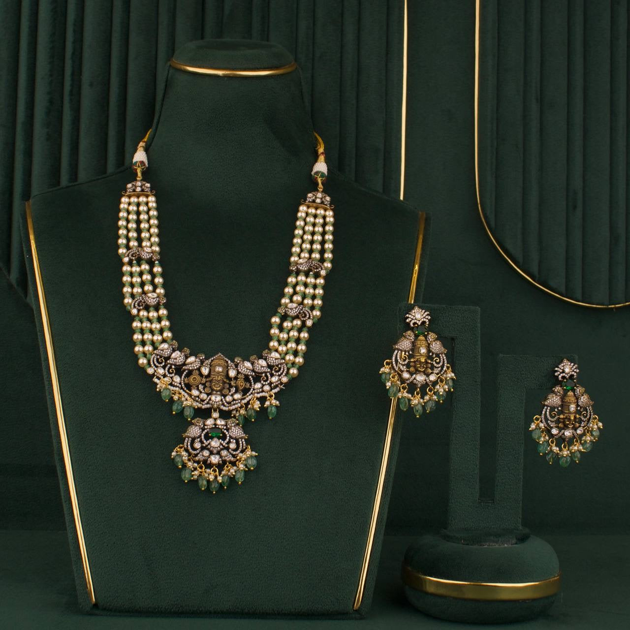 Gold Inspired Designer Lord Balaji beads Necklace Set With Matching Earrings