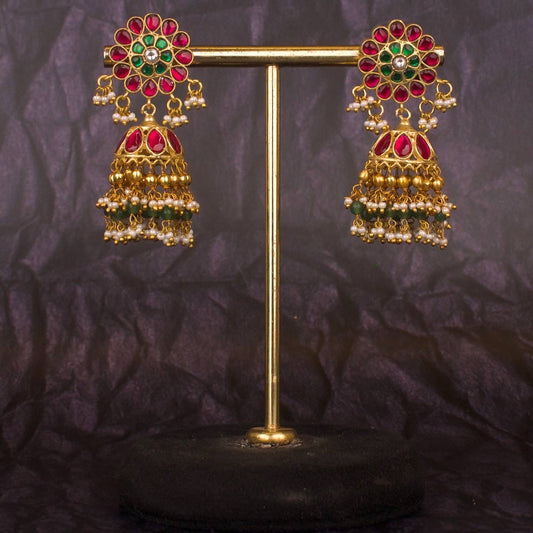 Floral Studded Guttapusalu Jhumki Earrings With Green Beads