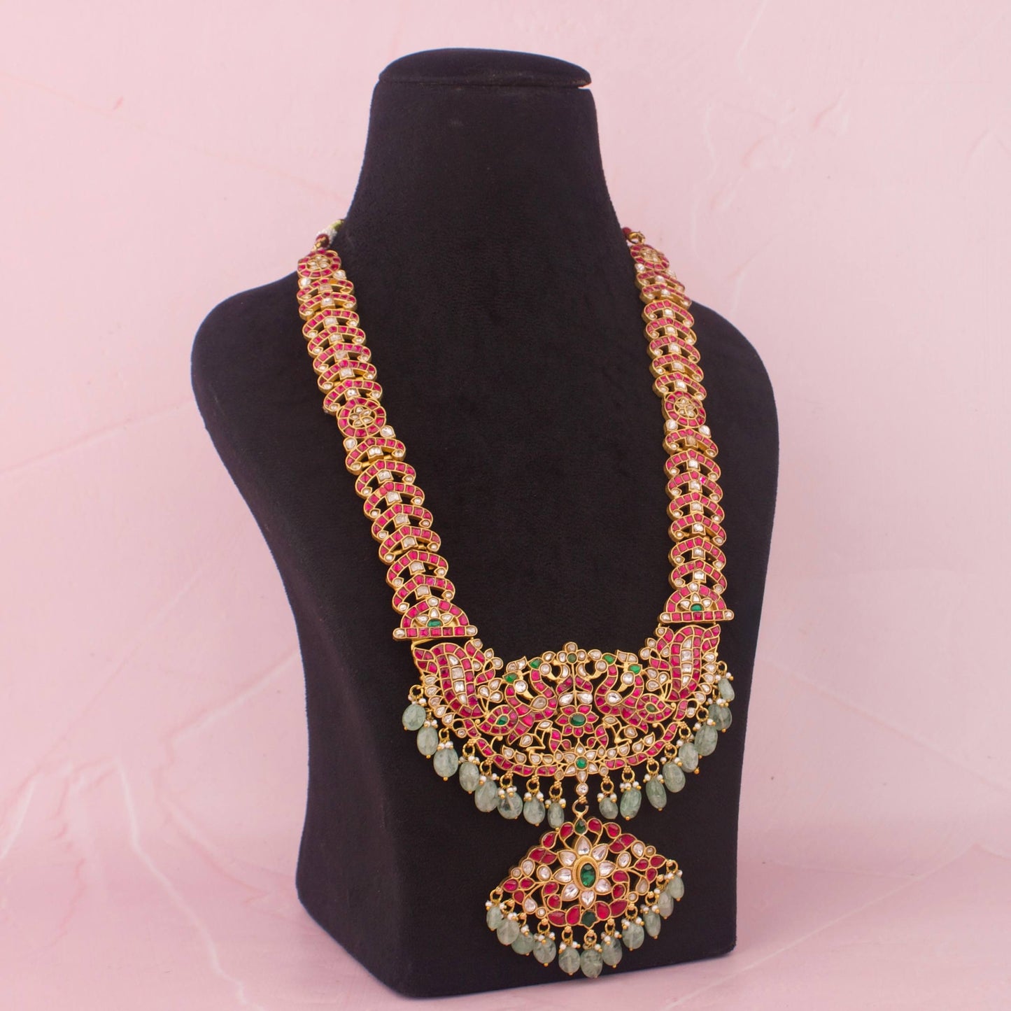 Bridal Jadau Kundan Long Haram With Emerald Beads