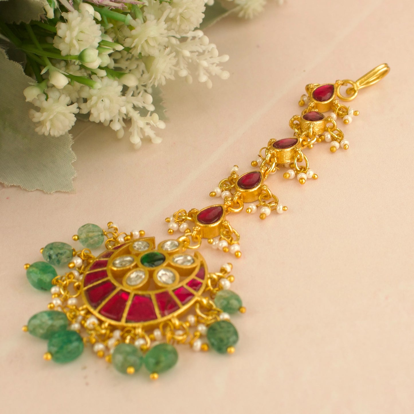 Floral Chandbali Design Jadau Kundan Long Maangtika