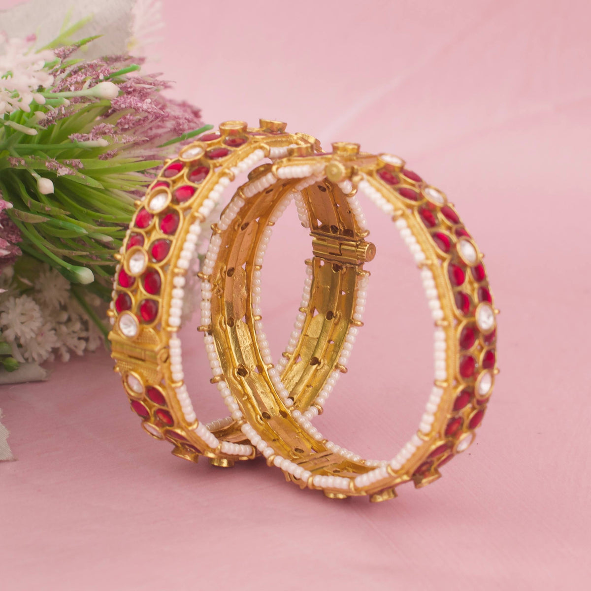Gold Style Jadau Kundan Floral Bangles