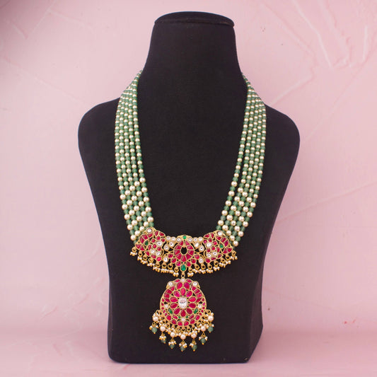 Shahi Multi-Layer Green Bead Necklace With Jadau Kundan Floral Guttapusalu Style Locket
